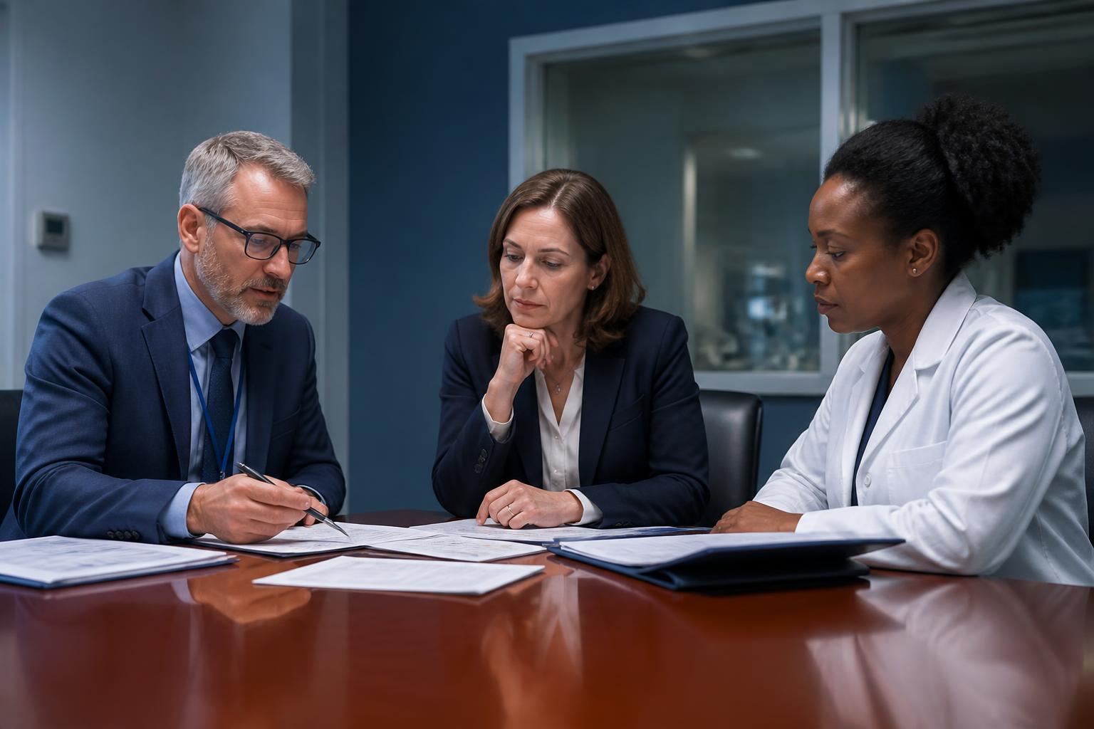 Medical, ethics and quality leaders reviewing governance documentation