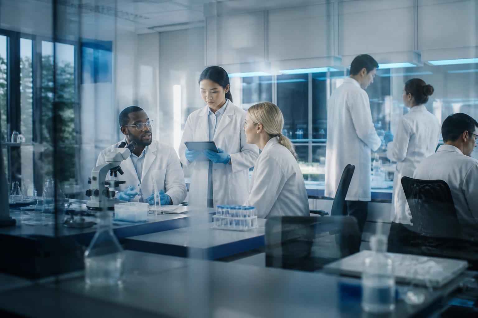 Interdisciplinary scientists collaborating in a translational medicine laboratory