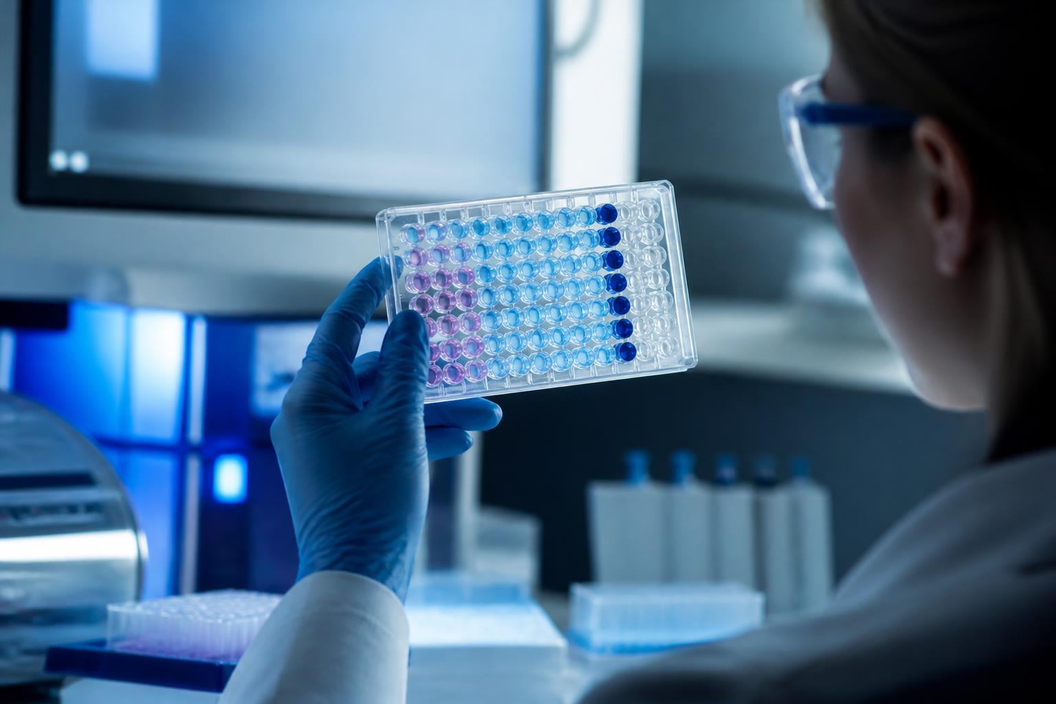Scientist inspecting epigenomic assay control wells