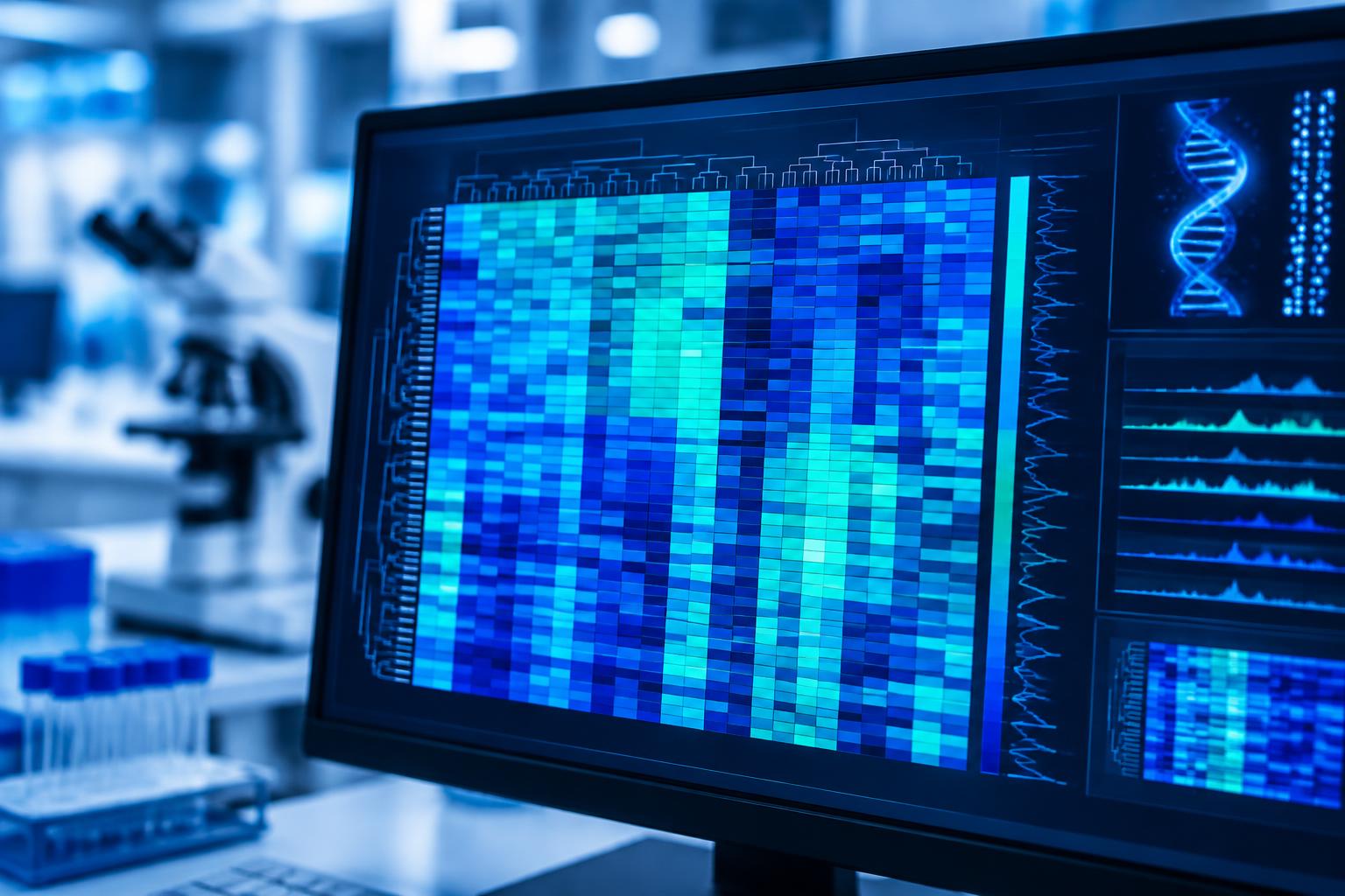 DNA methylation heatmap displayed on a laboratory monitor