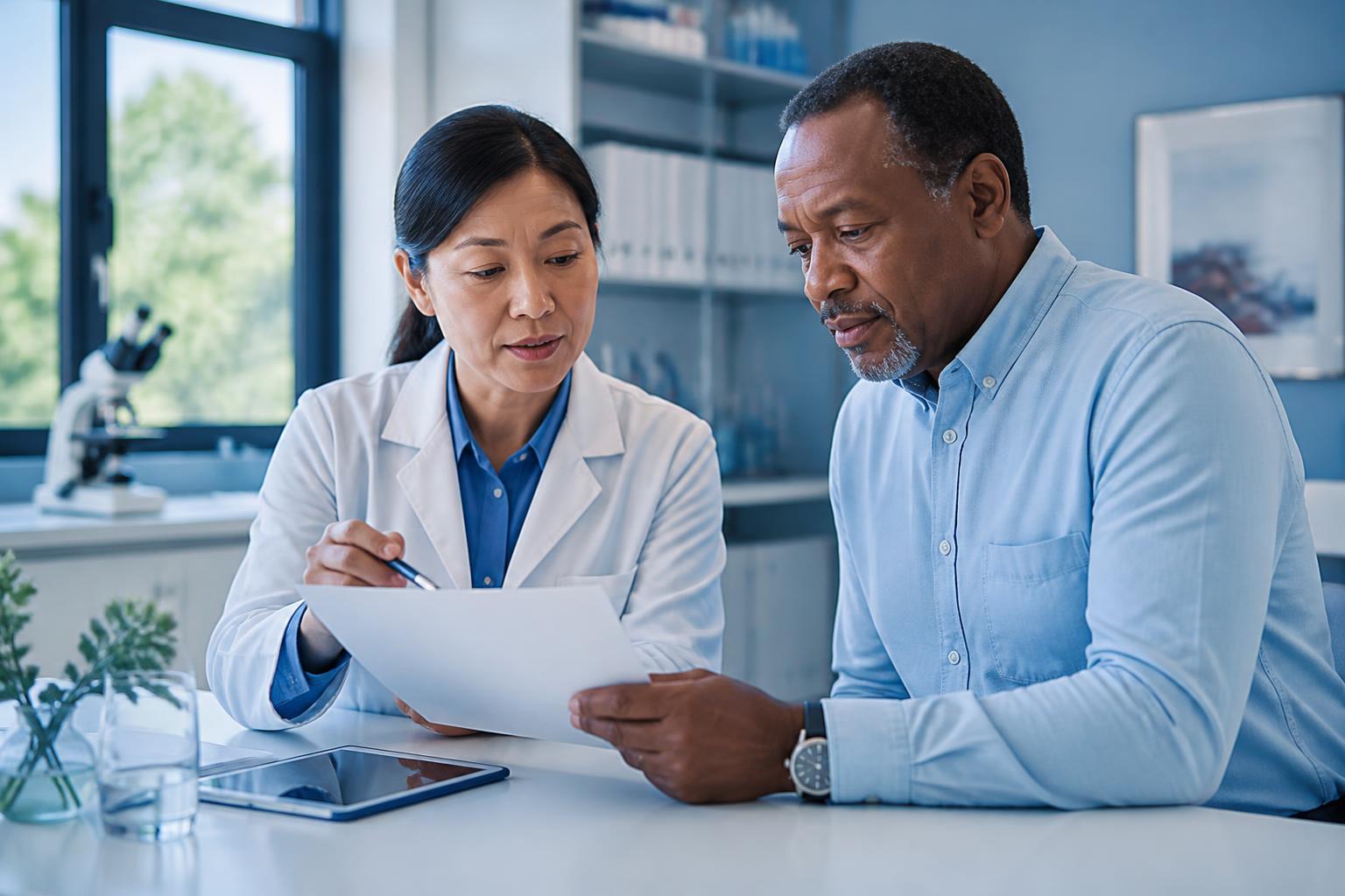 Clinician explaining a structured laboratory report to a patient