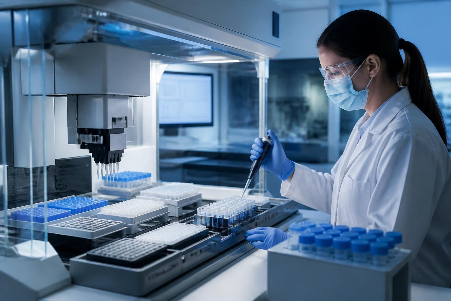 Scientist performing nucleic acid extraction with automated instrumentation