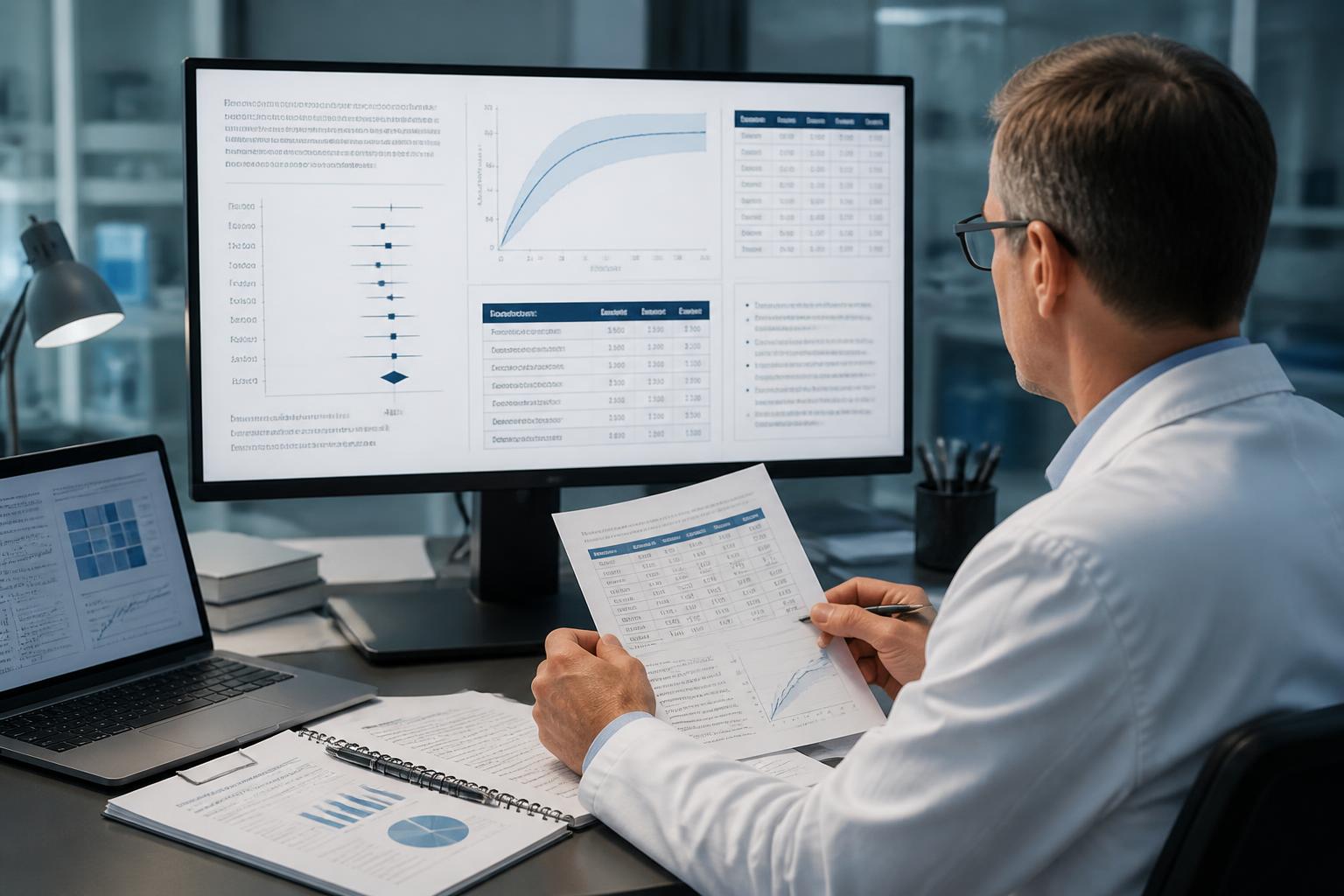 Medical scientist reviewing a structured statistical report