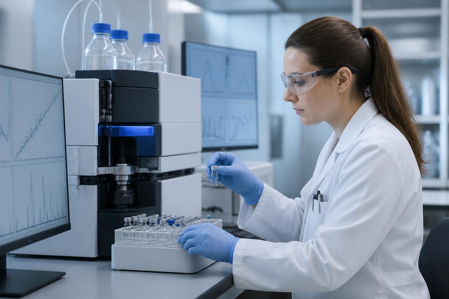 Laboratory scientist performing instrument validation with reference samples