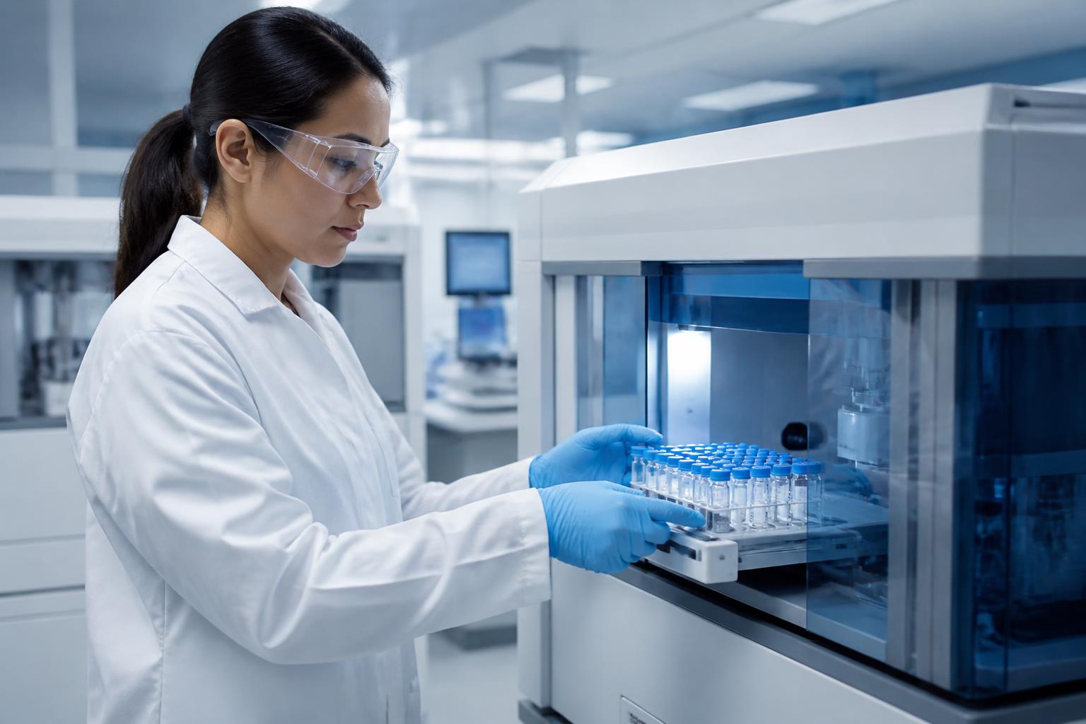 Laboratory technologist loading samples into an automated analyser
