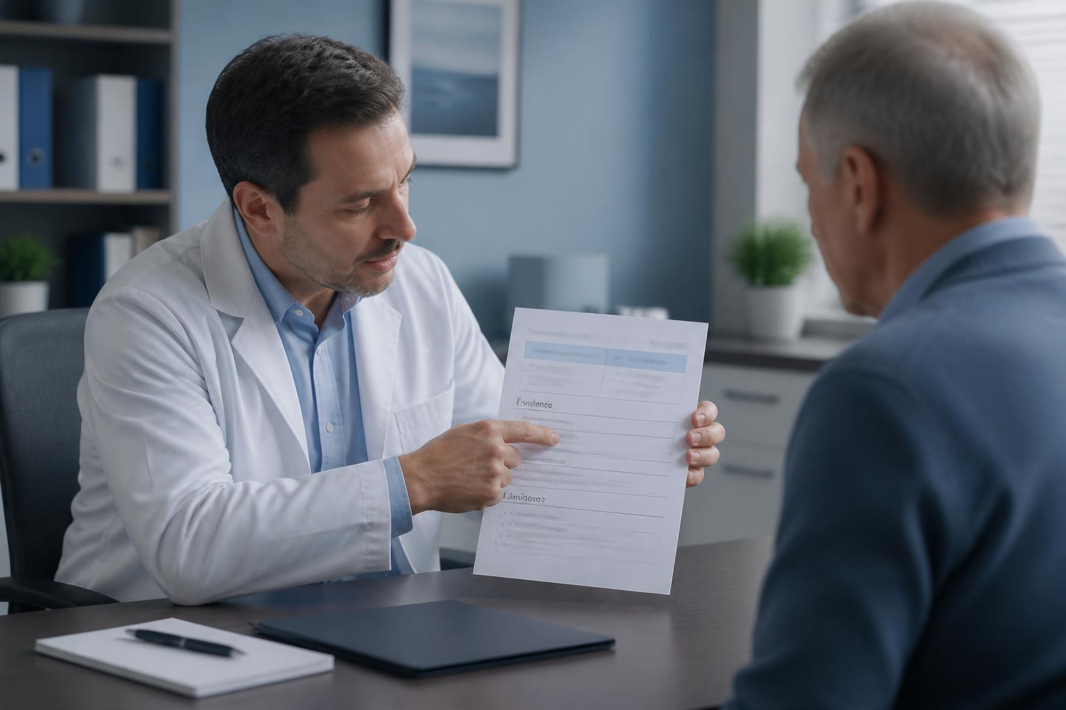Physician explaining evidence and limitations in a report