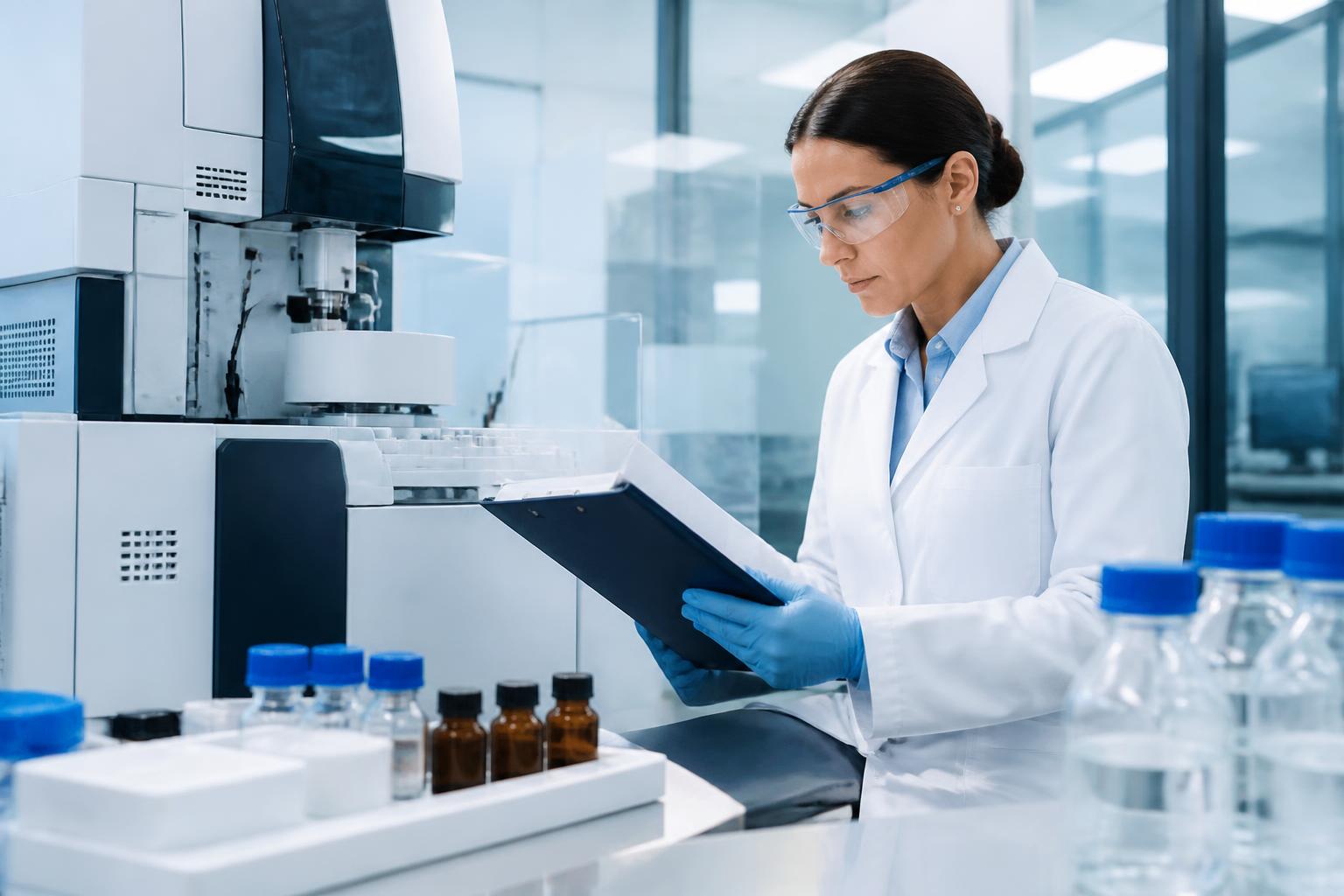 Quality manager reviewing calibration records beside laboratory instrumentation
