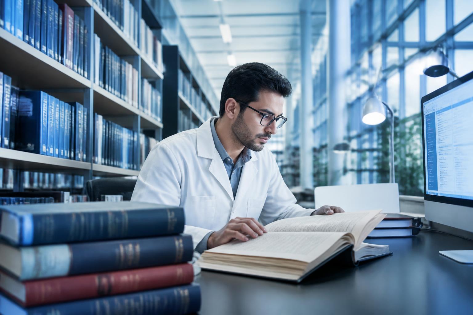 Biomedical researcher searching journals in an academic medical library