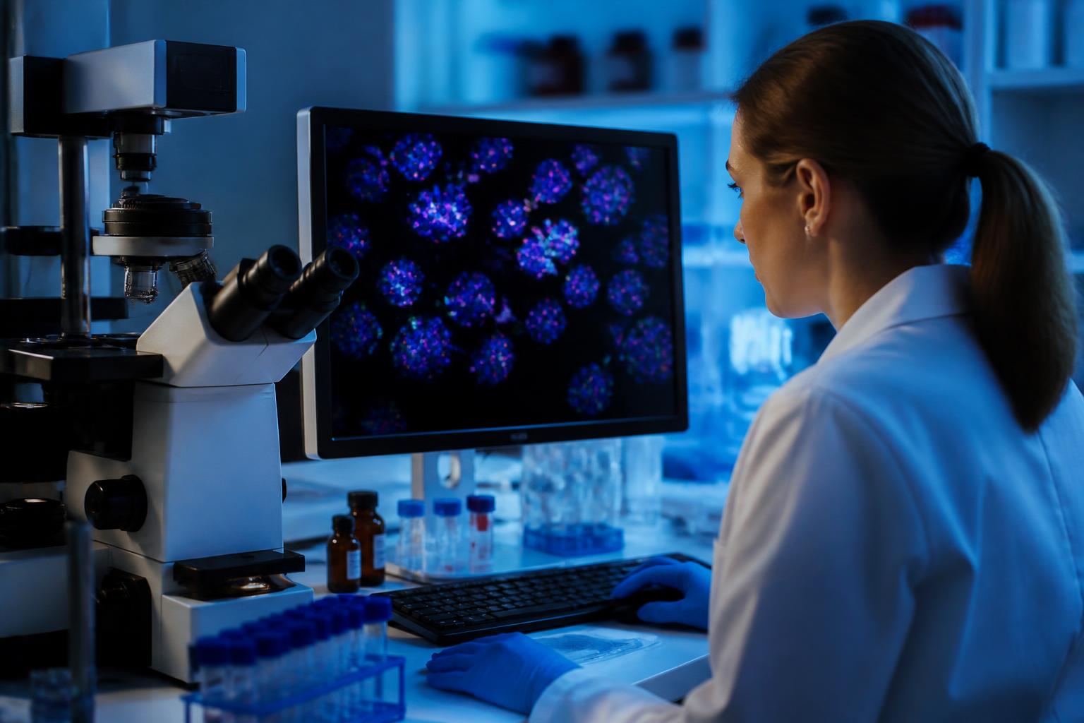 Researcher reviewing chromatin imaging beside a microscope