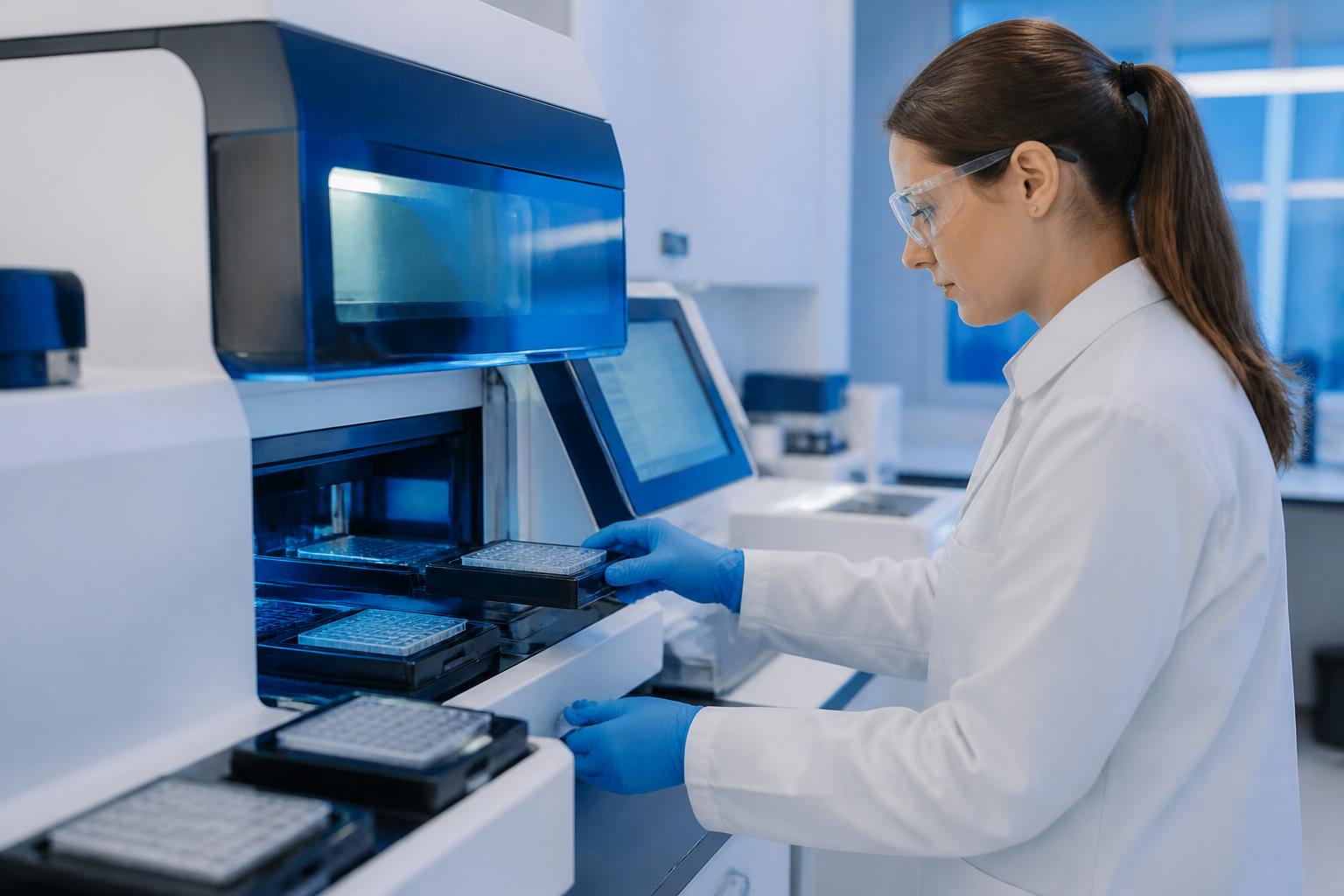 Scientist operating a high throughput assay scanner