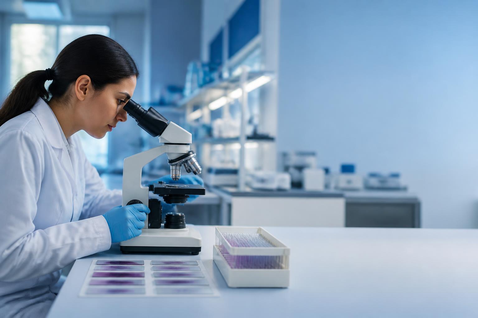 Molecular pathologist examining a tissue slide by microscopy