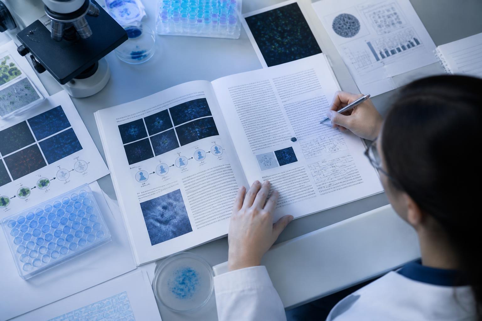 Researcher reviewing peer reviewed assay literature
