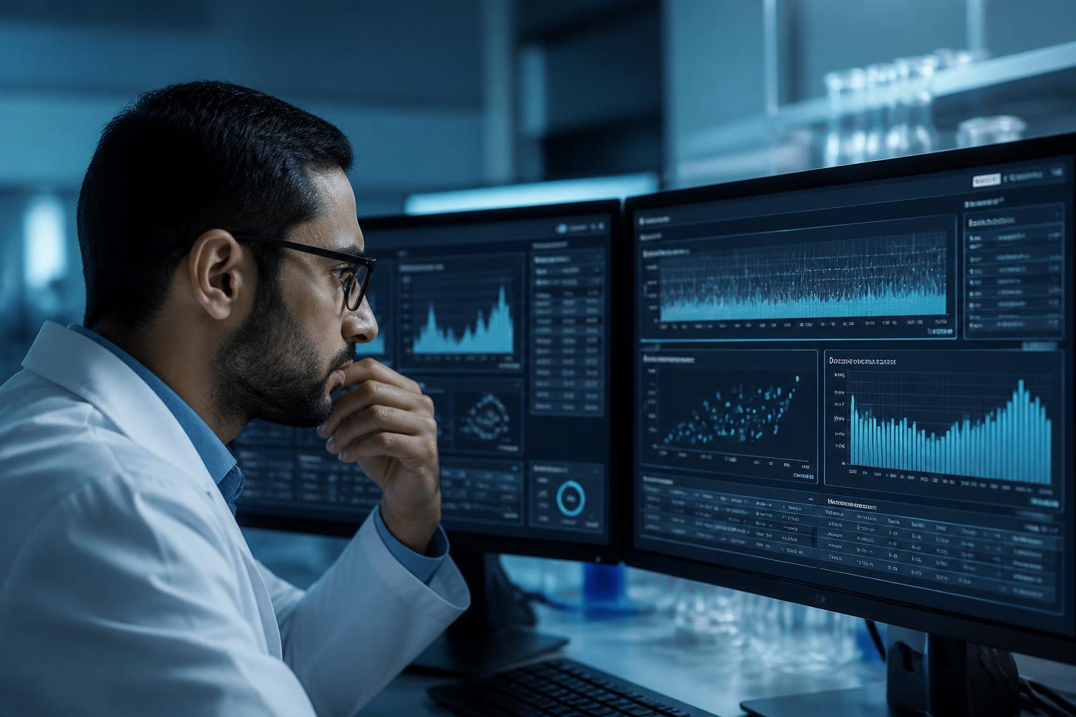Clinical scientist reviewing quality control and confidence plots